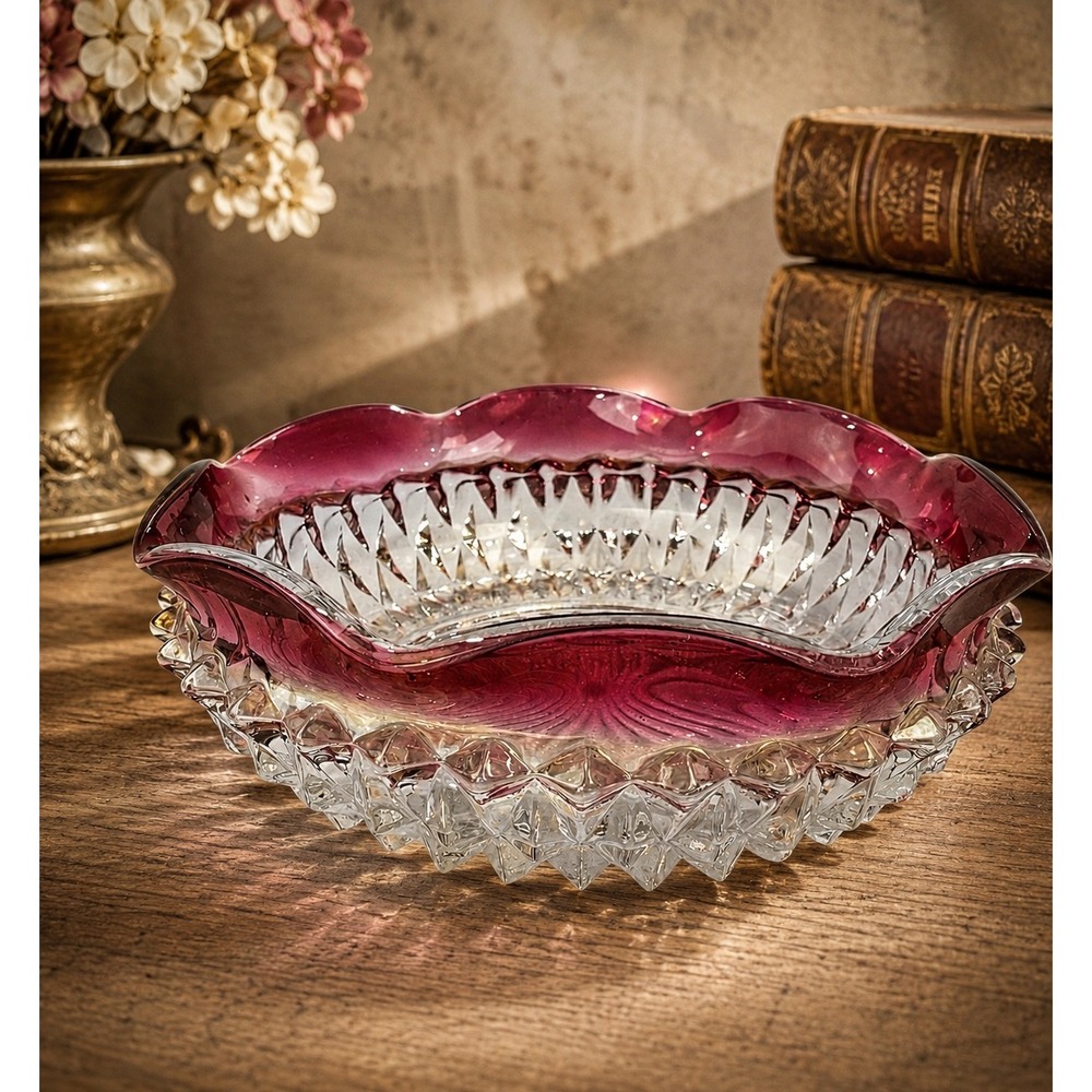 Vintage Indiana Glass Diamond Cut Scalloped Red Starburst Bowl dish